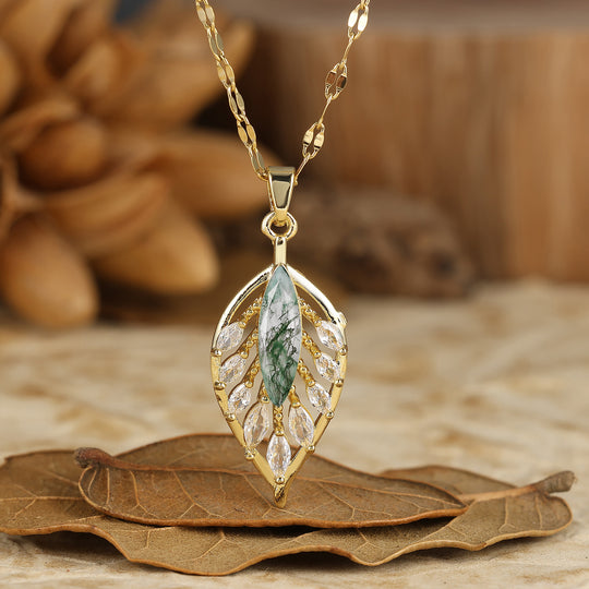 925 Argento Marquise Pendente Collana con Agata Muschio Naturale a Forma di Piuma/Foglia Collana in Oro 14K per Donna