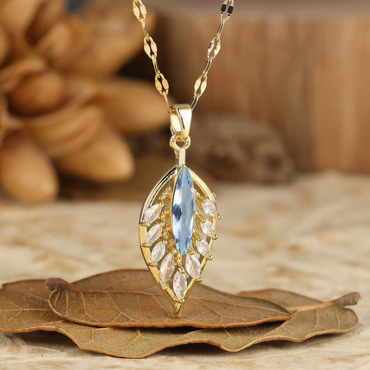 925 Argento Marquise Pendente Collana con Agata Muschio Naturale a Forma di Piuma/Foglia Collana in Oro 14K per Donna