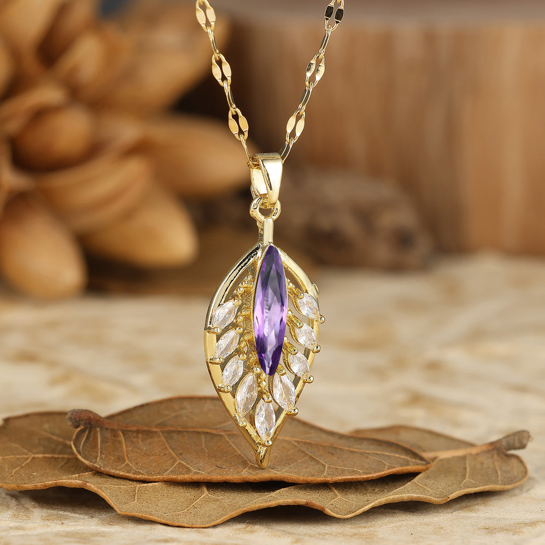 925 Argento Marquise Pendente Collana con Agata Muschio Naturale a Forma di Piuma/Foglia Collana in Oro 14K per Donna