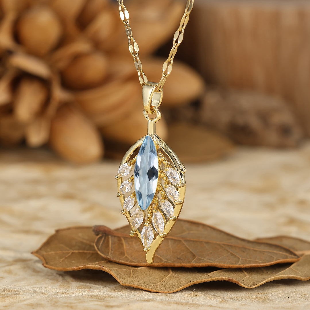 925 Argento Marquise Pendente Collana con Agata Muschio Naturale a Forma di Piuma/Foglia Collana in Oro 14K per Donna