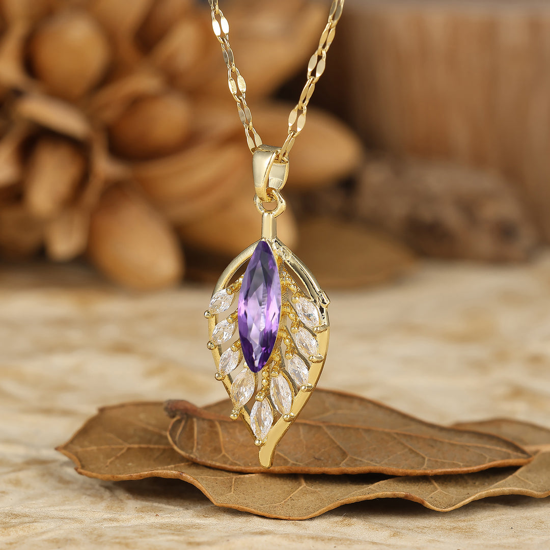 925 Argento Marquise Pendente Collana con Agata Muschio Naturale a Forma di Piuma/Foglia Collana in Oro 14K per Donna