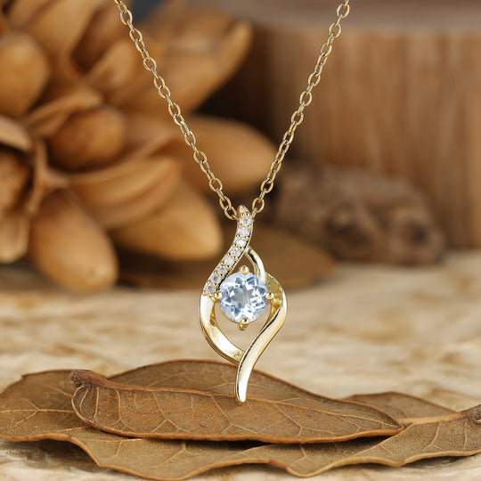 Delicate Round Cut Natural Moss Agate Twist Pendant Necklace 14K Gold Neckalce