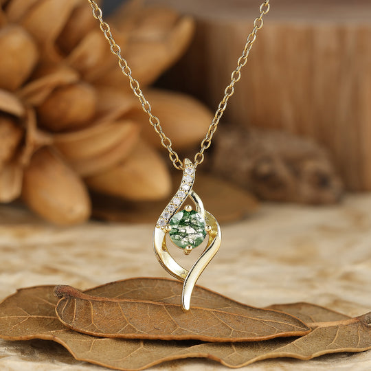 Delicate Round Cut Natural Moss Agate Twist Pendant Necklace 14K Gold Neckalce