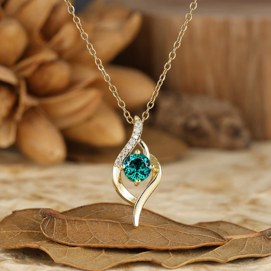 Art Deco Round Cut Emerald Necklace Yellow Gold Pendant Dainty Gift For Her