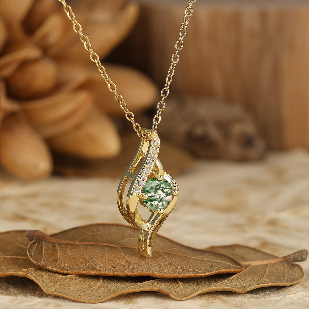 Delicate Round Cut Natural Moss Agate Twist Pendant Necklace 14K Gold Neckalce