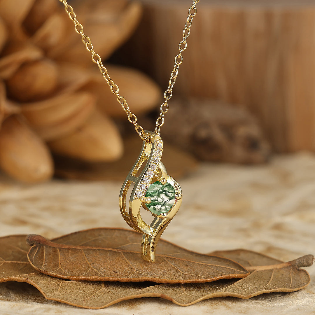 Delicate Round Cut Natural Moss Agate Twist Pendant Necklace 14K Gold Neckalce