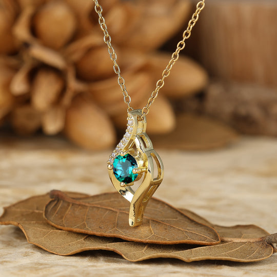 Art Deco Round Cut Emerald Necklace Yellow Gold Pendant Dainty Gift For Her