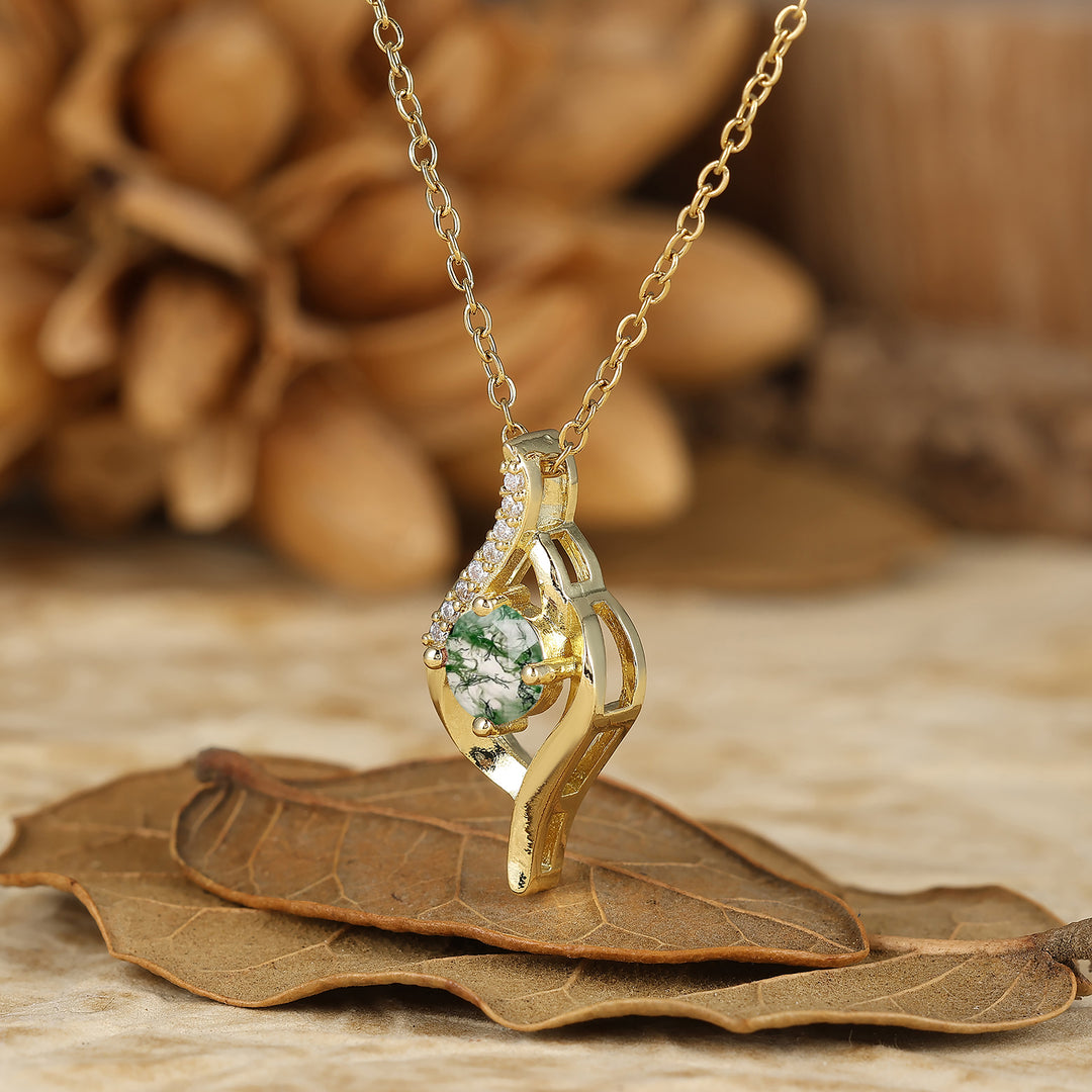 Delicate Round Cut Natural Moss Agate Twist Pendant Necklace 14K Gold Neckalce