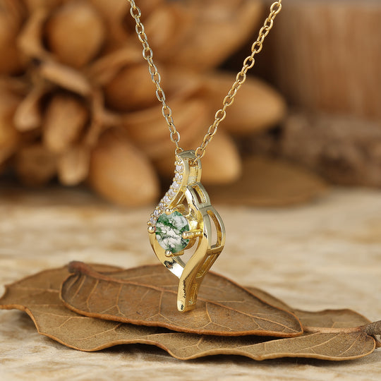 Delicate Round Cut Natural Moss Agate Twist Pendant Necklace 14K Gold Neckalce
