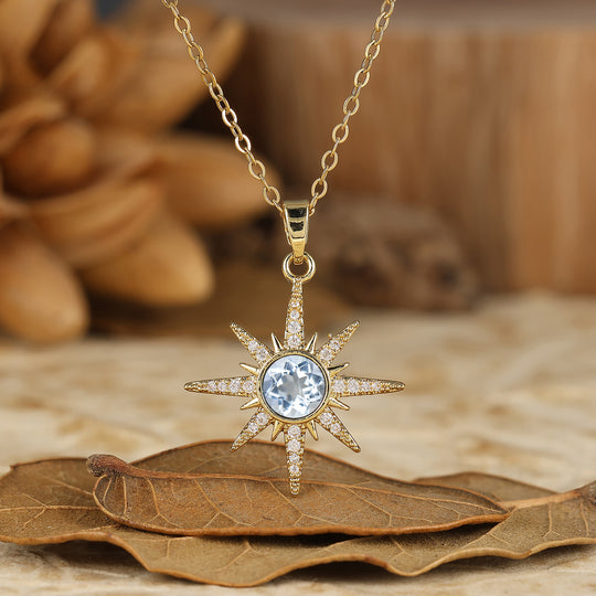 Delicado collar con colgante de estrella de ágata musgosa natural de corte redondo y 14K de oro para mujer