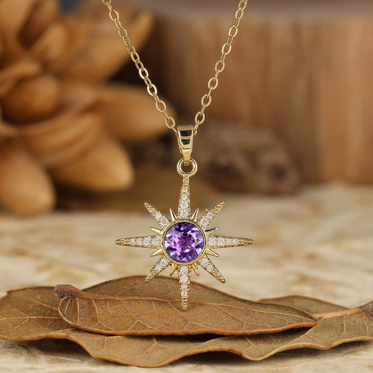 Delicado collar con colgante de estrella de ágata musgosa natural de corte redondo y 14K de oro para mujer