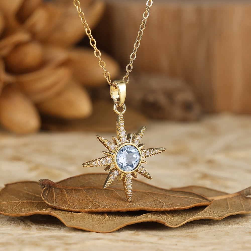 Delicate Round Cut Aquamarine Starburst Pendant Necklace 14K Gold Neckalce for Women