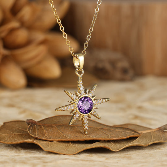 Delicado collar con colgante de estrella de ágata musgosa natural de corte redondo y 14K de oro para mujer