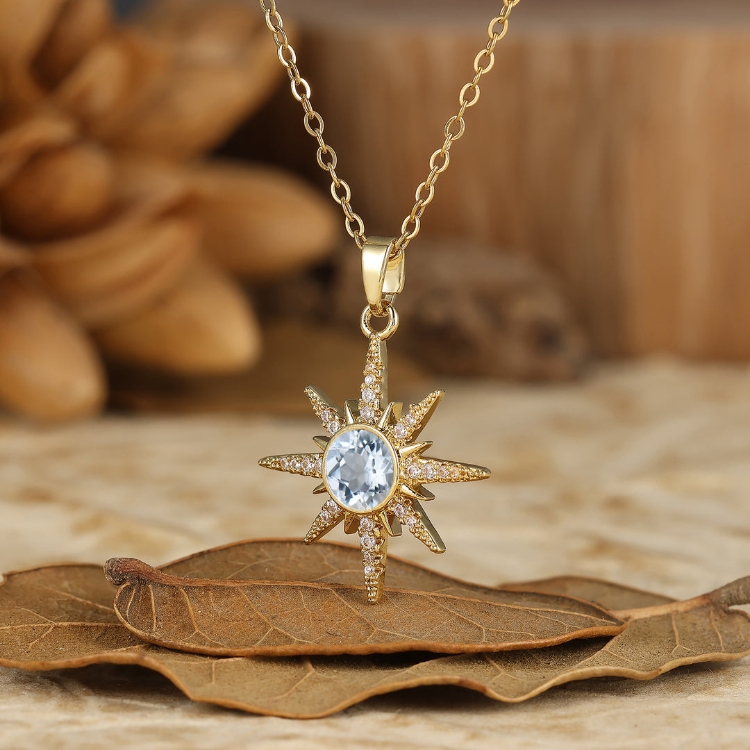 Delicado collar con colgante de estrella de ágata musgosa natural de corte redondo y 14K de oro para mujer