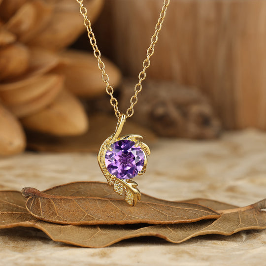 Nature-inspirierte runde natürliche Amethyst-Solitär-Blattwickel-Anhänger-Halskette 14K Gold Halskette für Damen