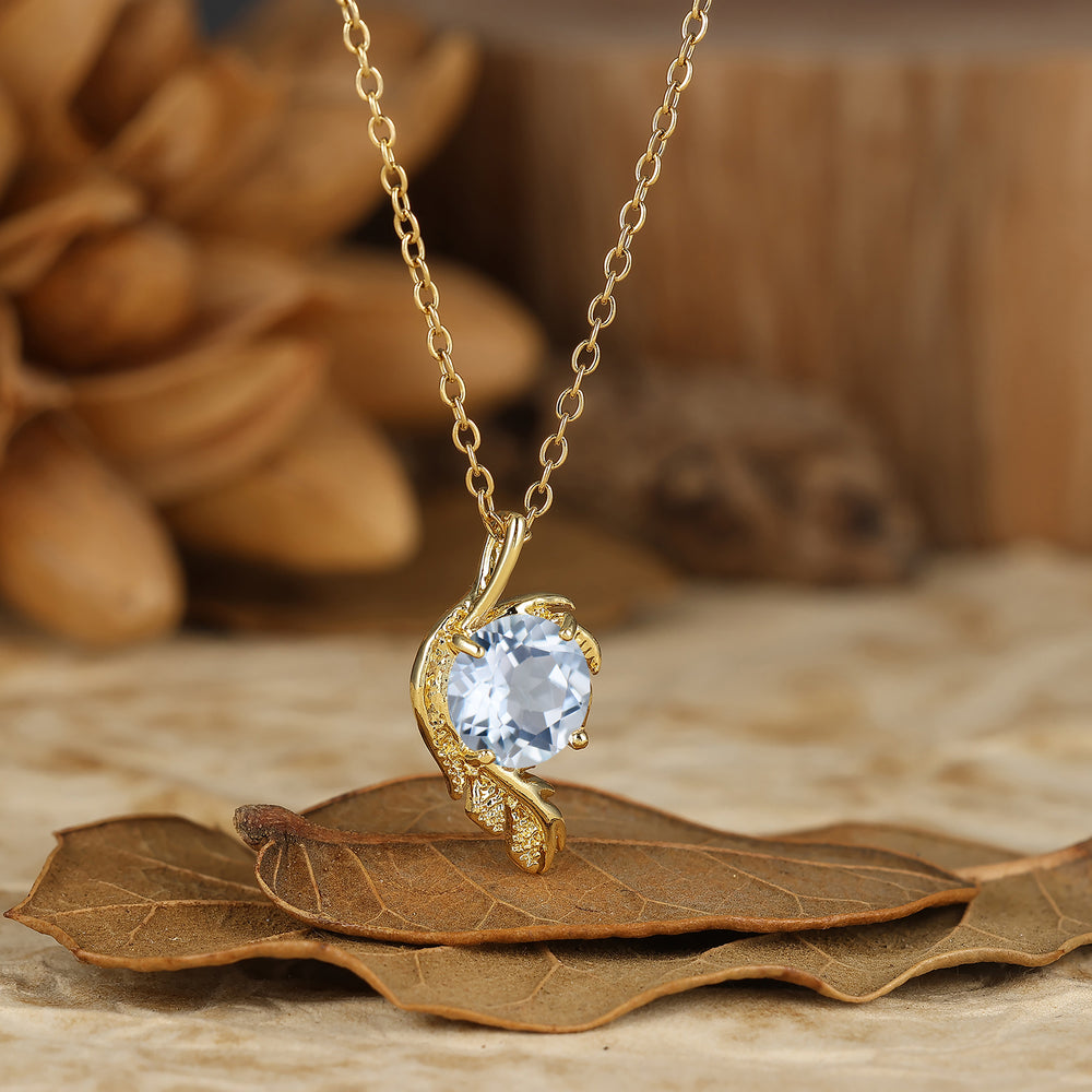 Nature-Inspired Round-Cut Aquamarine Solitaire Leaf Wrap Pendant Necklace 14K Gold Neckalce for Women