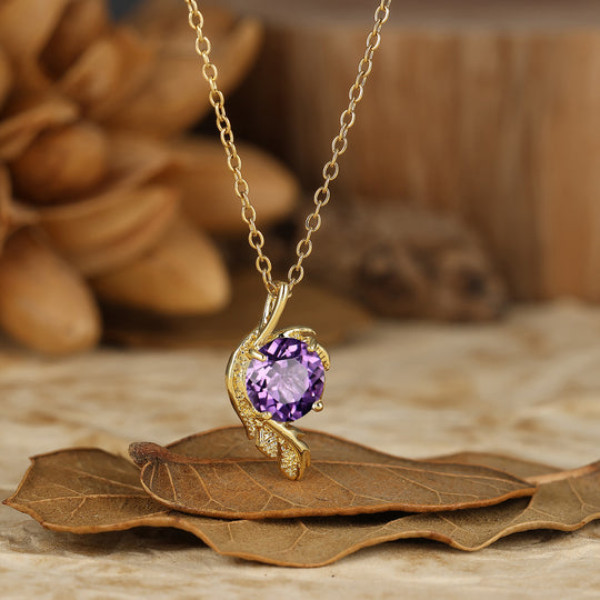 Nature-inspirierte runde natürliche Amethyst-Solitär-Blattwickel-Anhänger-Halskette 14K Gold Halskette für Damen