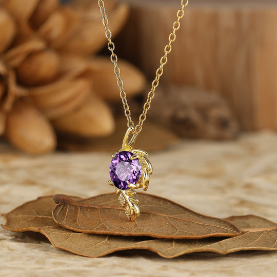 Nature-inspirierte runde natürliche Amethyst-Solitär-Blattwickel-Anhänger-Halskette 14K Gold Halskette für Damen
