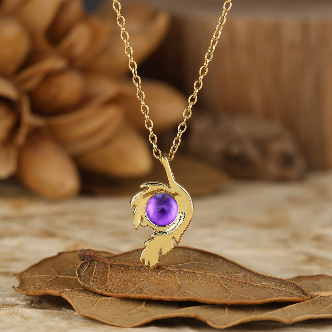 Nature-inspirierte runde natürliche Amethyst-Solitär-Blattwickel-Anhänger-Halskette 14K Gold Halskette für Damen