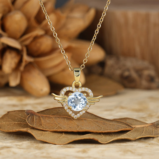 925 Argento Collana con Ciondolo Cuore Ali d'Angelo Rotondo Naturale in Ametista Sottile Collana in Oro 14K per Donna