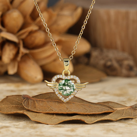 925 Argento Collana con Ciondolo Cuore Ali d'Angelo Rotondo Naturale in Ametista Sottile Collana in Oro 14K per Donna