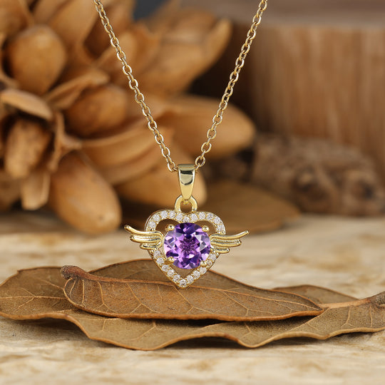 925 Argento Collana con Ciondolo Cuore Ali d'Angelo Rotondo Naturale in Ametista Sottile Collana in Oro 14K per Donna