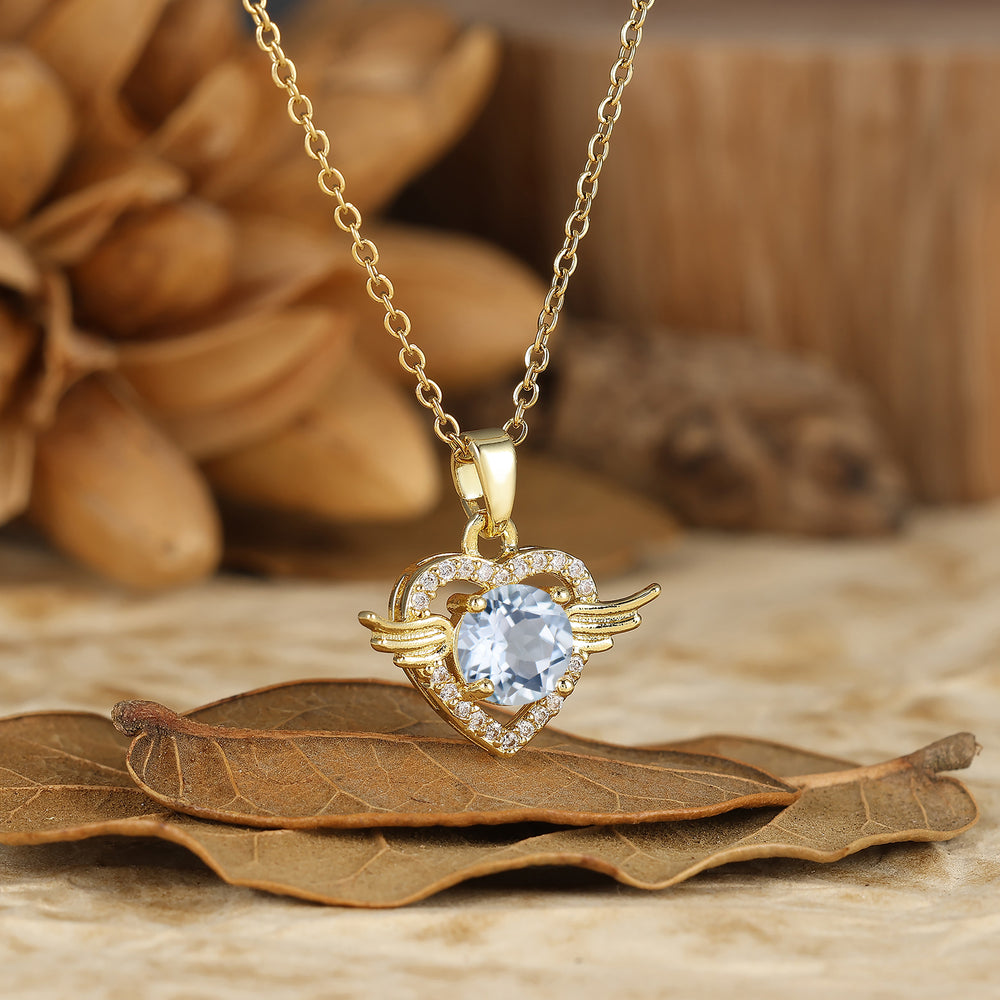 925 Silver Dainty Round Aquamarine Angel Wing Heart Pendant Necklace 14K Gold Neckalce for Women