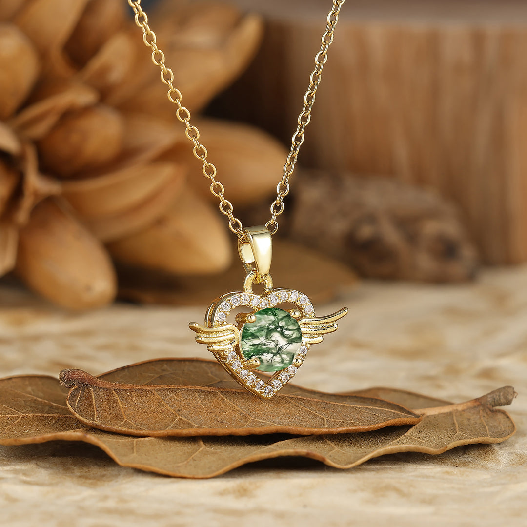 925 Argento Collana con Ciondolo Cuore Ali d'Angelo Rotondo Naturale in Ametista Sottile Collana in Oro 14K per Donna