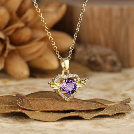 925 Argento Collana con Ciondolo Cuore Ali d'Angelo Rotondo Naturale in Ametista Sottile Collana in Oro 14K per Donna