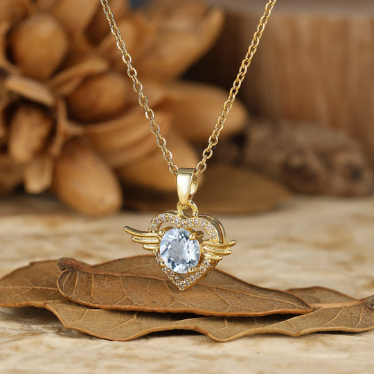 925 Argento Collana con Ciondolo Cuore Ali d'Angelo Rotondo Naturale in Ametista Sottile Collana in Oro 14K per Donna