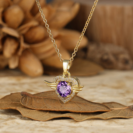 925 Argento Collana con Ciondolo Cuore Ali d'Angelo Rotondo Naturale in Ametista Sottile Collana in Oro 14K per Donna