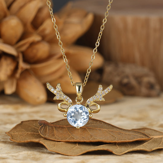 925 Sterlingsilber Zierliche Runde Aquamarin Hirschgeweih Anhänger Halskette 14K Gold Halskette