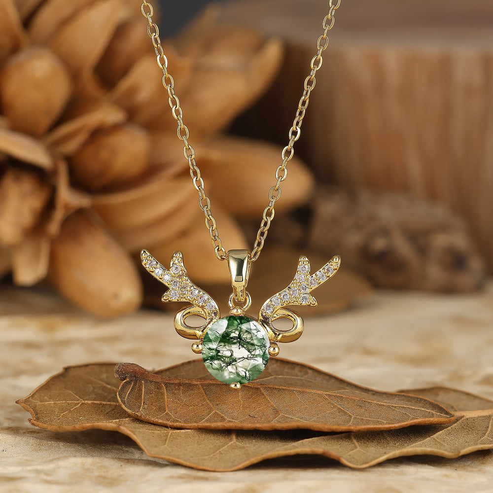 925 Sterling Silver Dainty Round Natural Moss Agate Deer Antler Pendant Necklace 14K Gold Neckalce