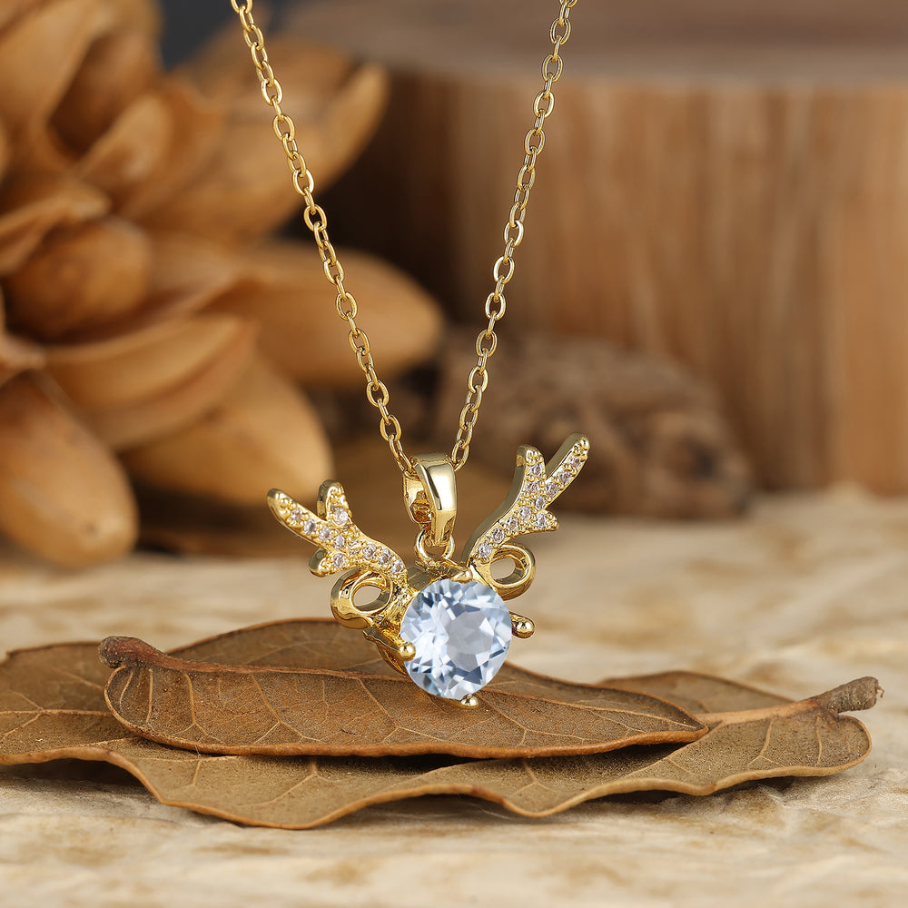 925 Sterling Silver Dainty Round Aquamarine Deer Antler Pendant Necklace 14K Gold Neckalce