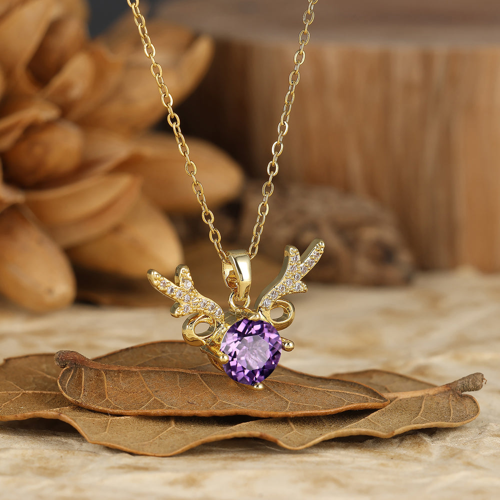 925 Sterling Silver Dainty Round Natural Amethyst Deer Antler Pendant Necklace 14K Gold Neckalce