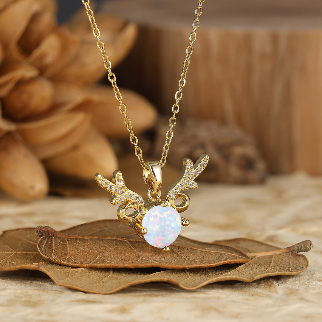925 Argent Sterling Collier Pendentif Rond Délicat en Opale Naturelle Rose et Blanche, Andouiller de Cerf, 14K Or