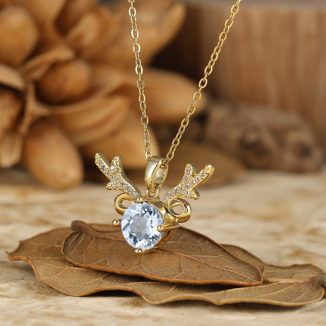 925 Sterlingsilber Zierliche Runde Aquamarin Hirschgeweih Anhänger Halskette 14K Gold Halskette