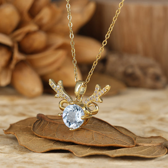 925 Sterlingsilber Zierliche Runde Aquamarin Hirschgeweih Anhänger Halskette 14K Gold Halskette