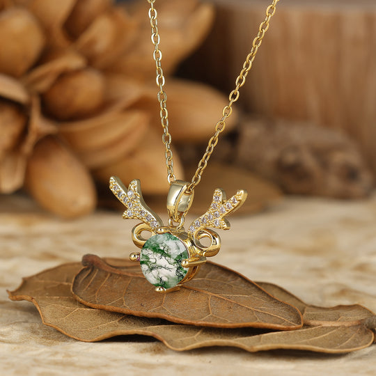 925 Sterlingsilber Zierliche Runde Aquamarin Hirschgeweih Anhänger Halskette 14K Gold Halskette