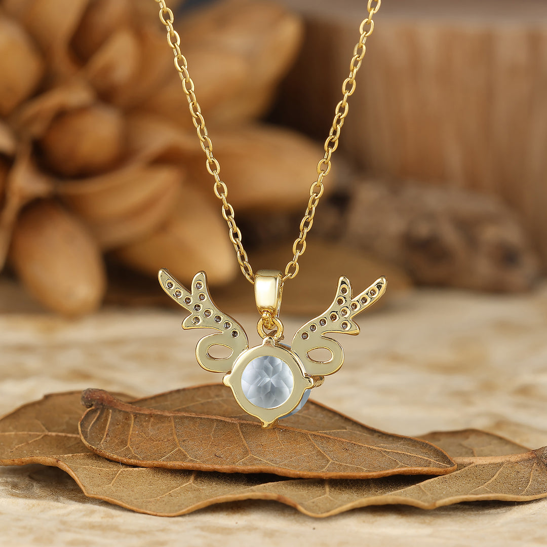 925 Sterlingsilber Zierliche Runde Aquamarin Hirschgeweih Anhänger Halskette 14K Gold Halskette