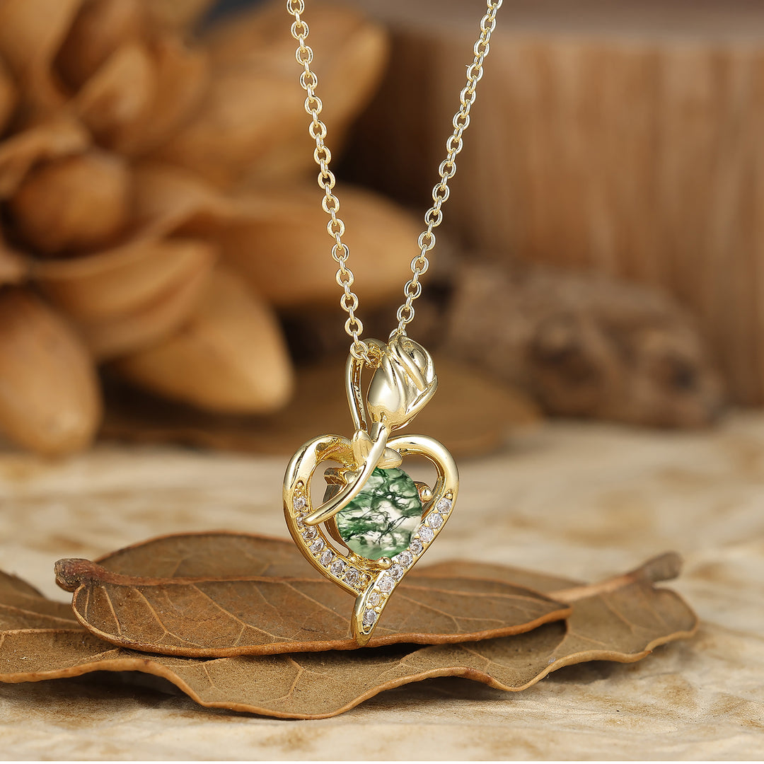 Natural Moss Agate Collana con Motivo a Cuore Pendente Floreale Rosa per Lei