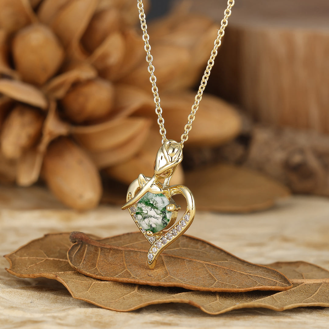 Natural Moss Agate Collana con Motivo a Cuore Pendente Floreale Rosa per Lei