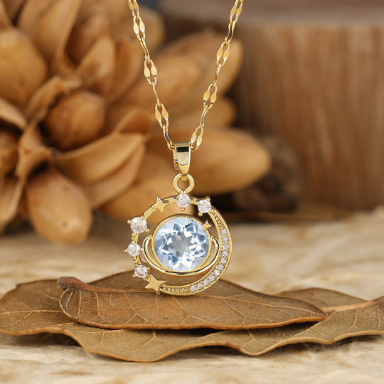 925 Plata Collar Colgante Redondo Delicado con Amatista Natural Luna y Estrellas Collar de Oro 14K
