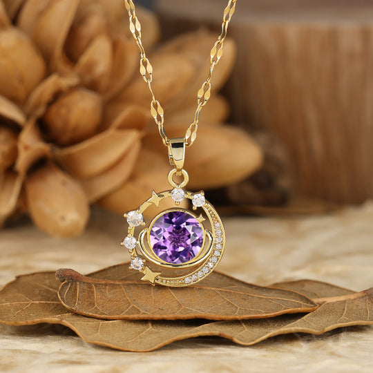 925 Plata Collar Colgante Redondo Delicado con Amatista Natural Luna y Estrellas Collar de Oro 14K