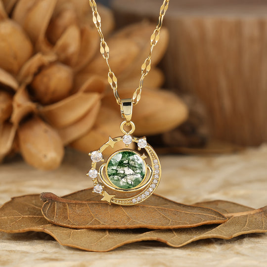 925 Plata Collar Colgante Redondo Delicado con Amatista Natural Luna y Estrellas Collar de Oro 14K