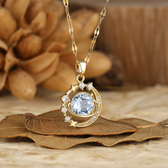 925 Plata Collar Colgante Redondo Delicado con Amatista Natural Luna y Estrellas Collar de Oro 14K