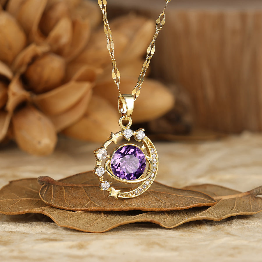 925 Argent Collier Pendentif Rond Délicat en Améthyste Naturelle Lune et Étoiles Collier en Or 14K