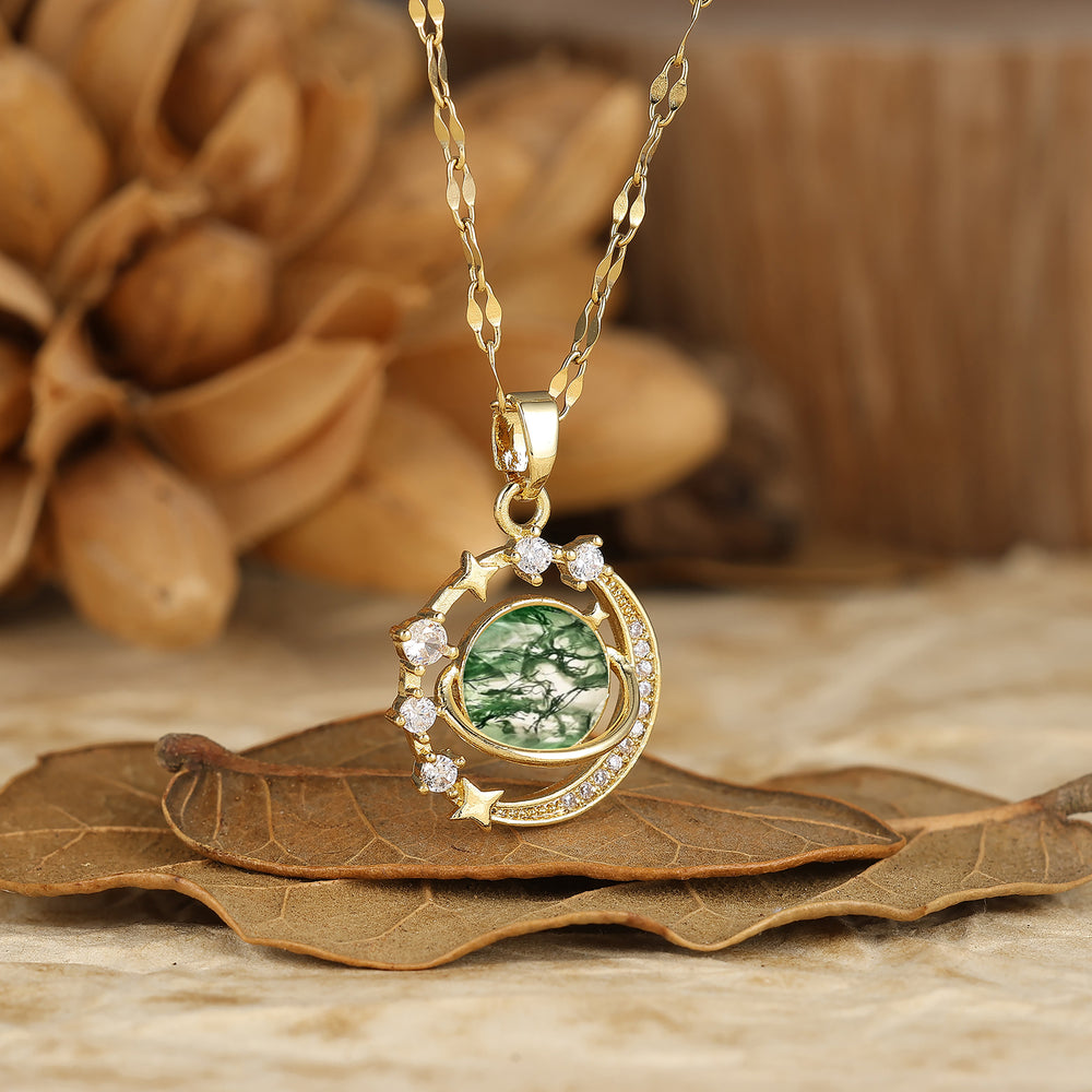 925 Silver Dainty Round Natural Moss Agate Moon and Stars Pendant Necklace 14K Gold Neckalce