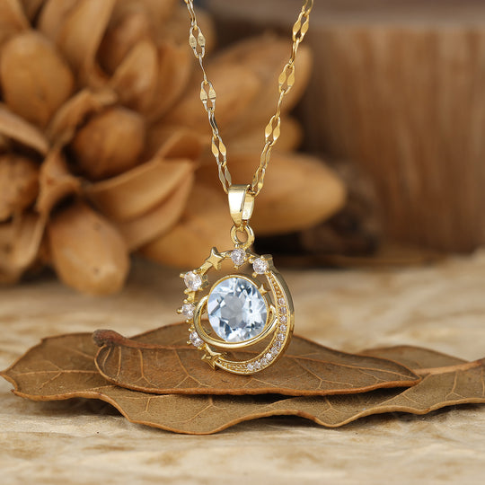 925 Plata Collar Colgante Redondo Delicado con Amatista Natural Luna y Estrellas Collar de Oro 14K