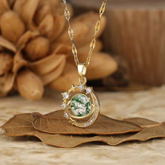 925 Plata Collar Colgante Redondo Delicado con Amatista Natural Luna y Estrellas Collar de Oro 14K